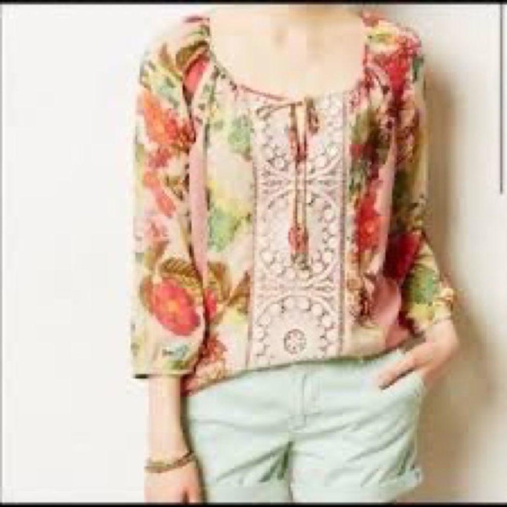 Anthropologie Floral Peasant Blouse in Pink, Green & Orange
